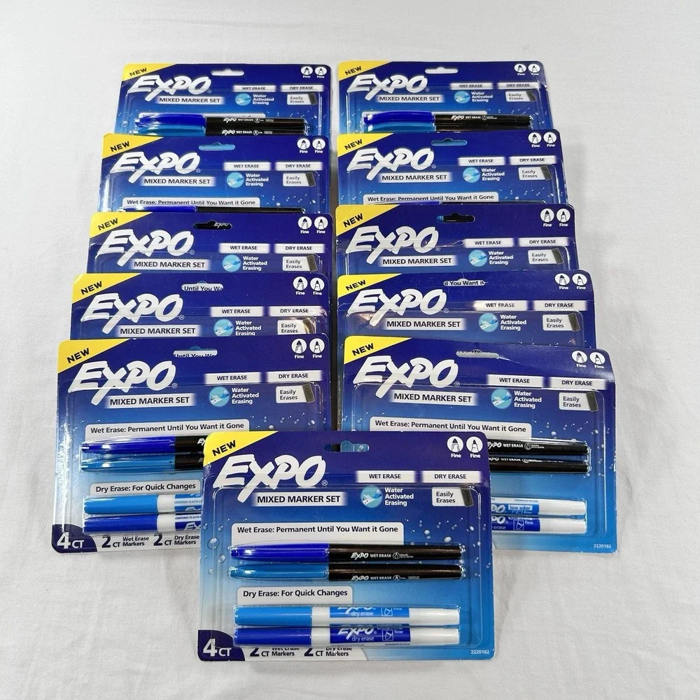 NEW Lot Of 11 Expo 4ct Fine Mixed 2 Dry / 2 Wet Erase Marker Assorted Blue Bulk